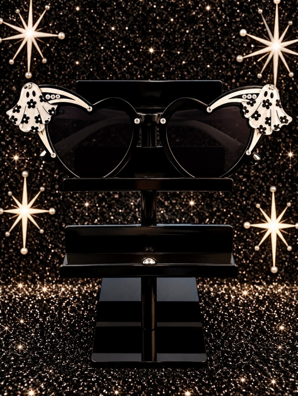 Black Cat-Eye Sunglasses with Silver Floral Accents